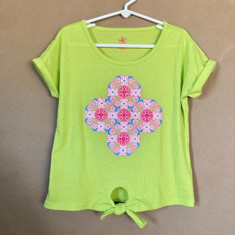 Girls size medium J Khaki green top with front knot and fold-over sleeve detail